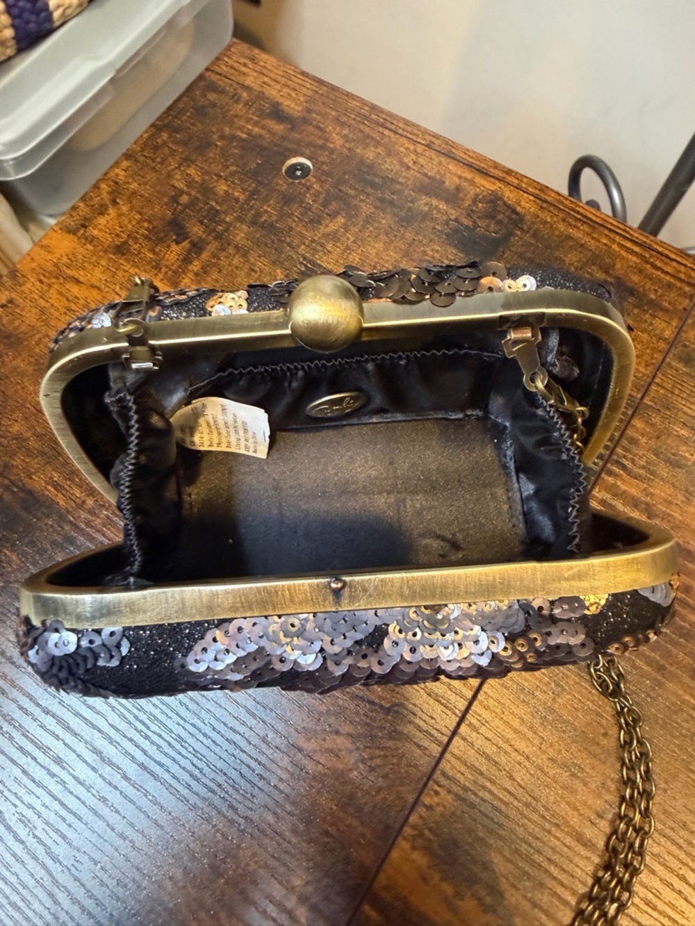 Darling Vintage Sequin Embellished Black Evening Clutch with Gold/Bronze Chain - Picture 10 of 12